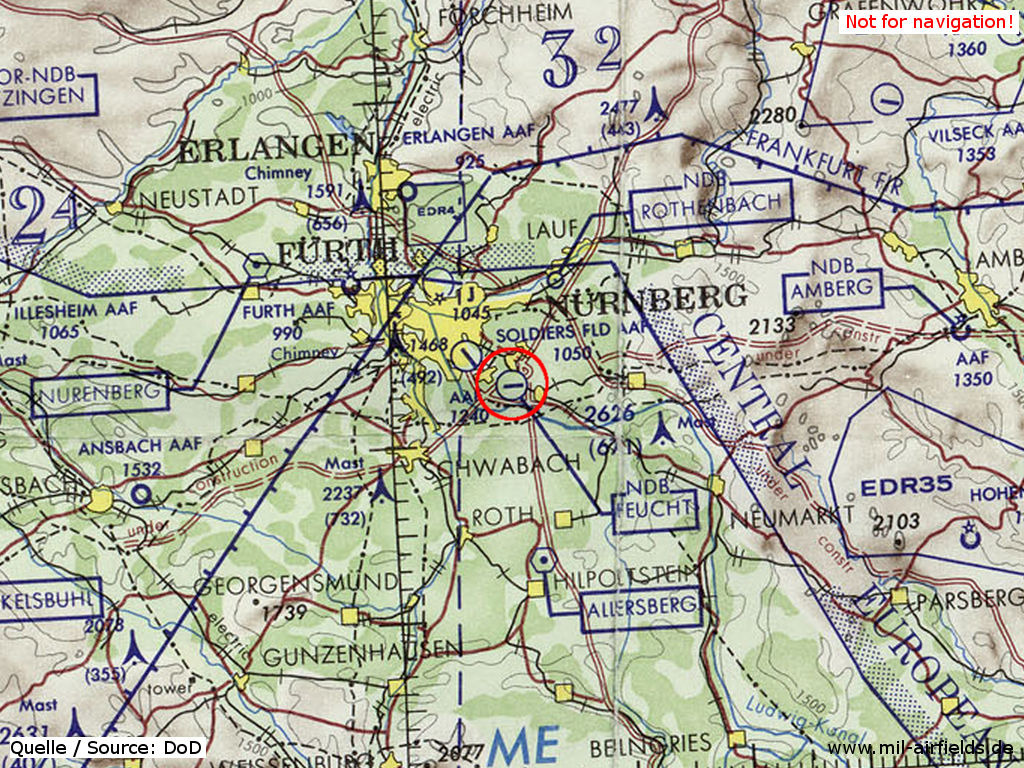 Feucht Army Airfield (AAF), Germany, on a map 1972
