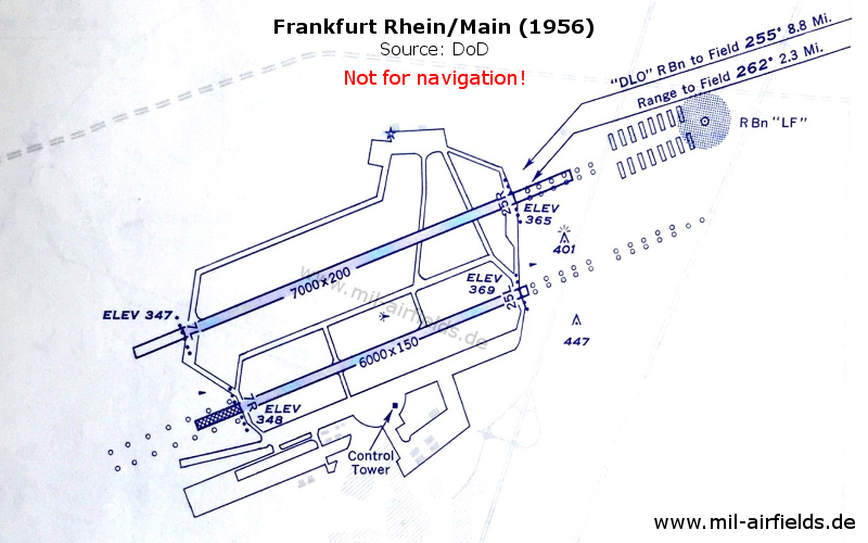 Flughafen-Karte mit Start- und Landebahnen, Rollwegen, 1956