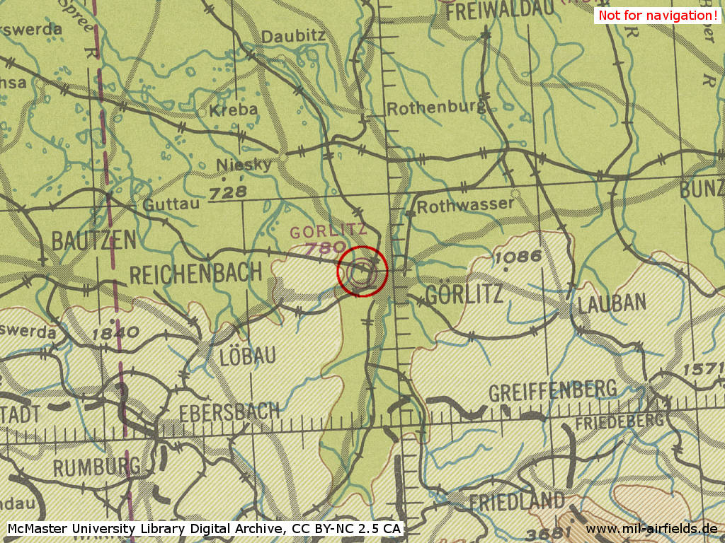 Görlitz Airfield in World War II on a map 1944