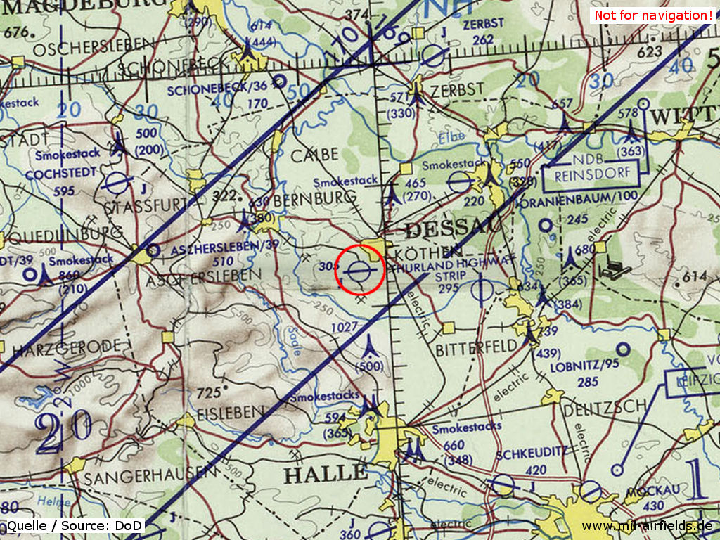 Flugplatz Köthen auf einer Karte 1972