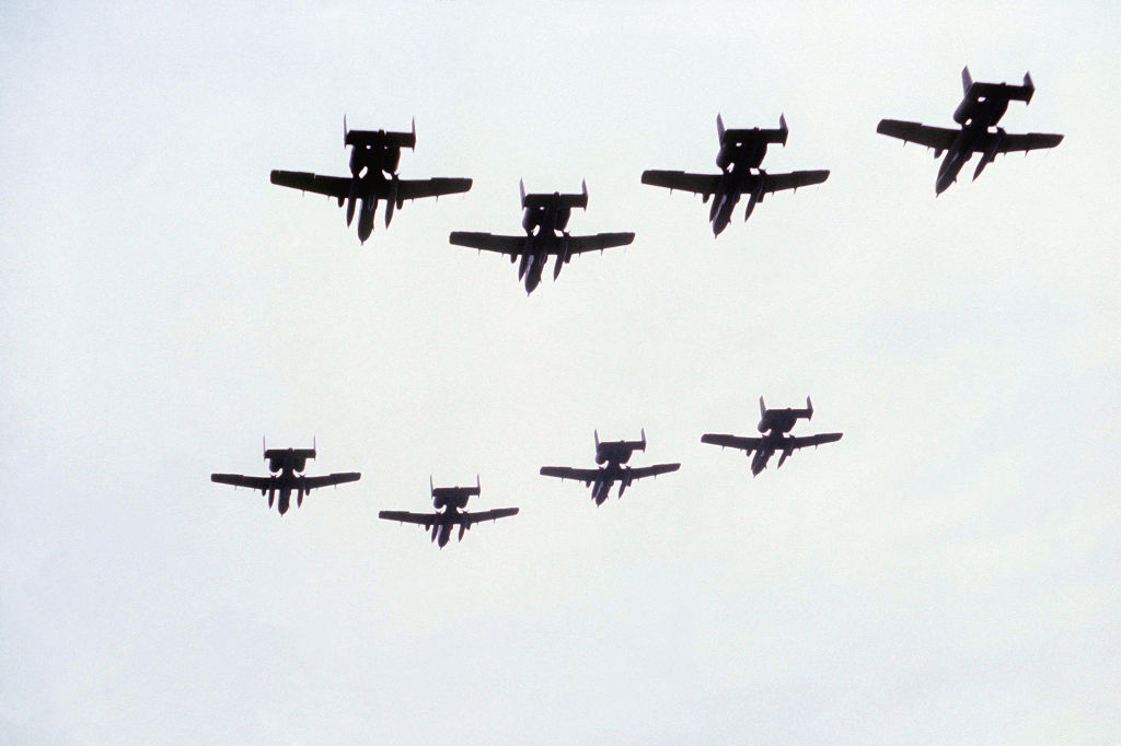 Eight A­10 Thunderbolt II aircraft of US Air Force fly­over at Lechfeld Air Base