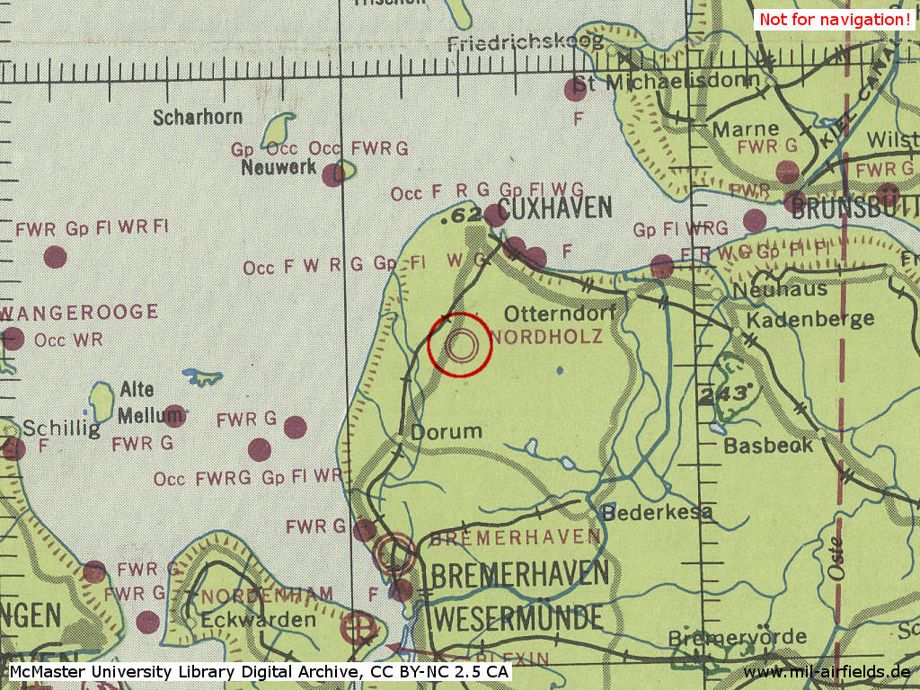 Karte mit Flugplatz Nordholz der Luftwaffe im Zweiten Weltkrieg 1943