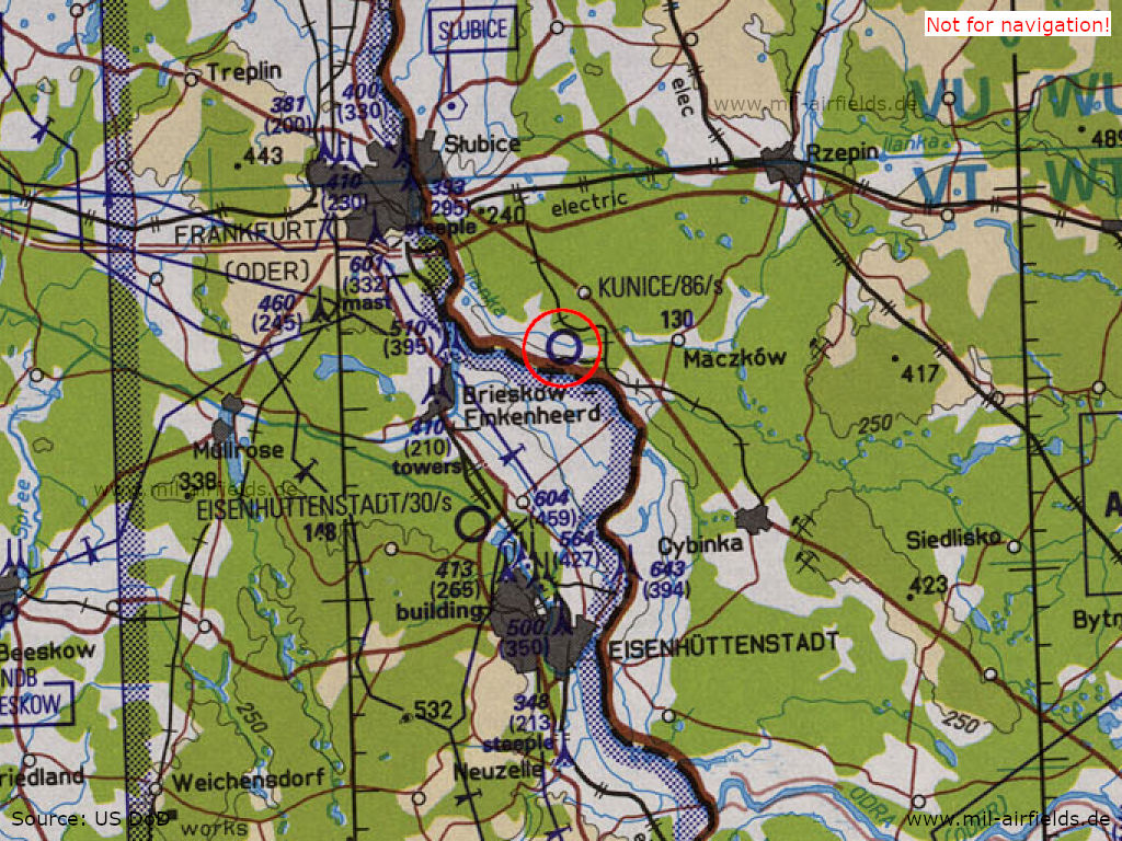 Kunice Airfield on a map 1994