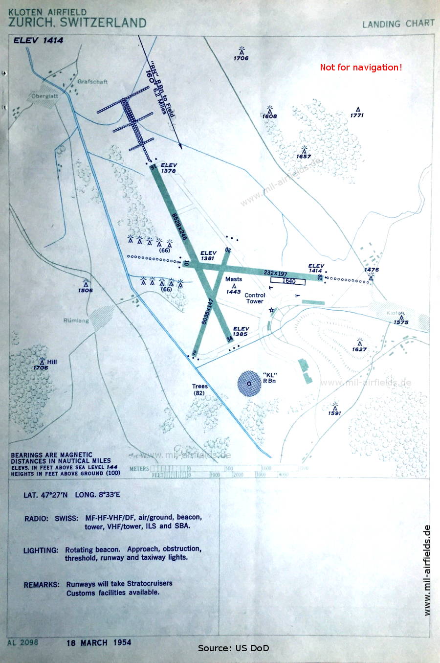 Karte Flughafen-Karte Flughafen Zürich Kloten, Schweiz 1954