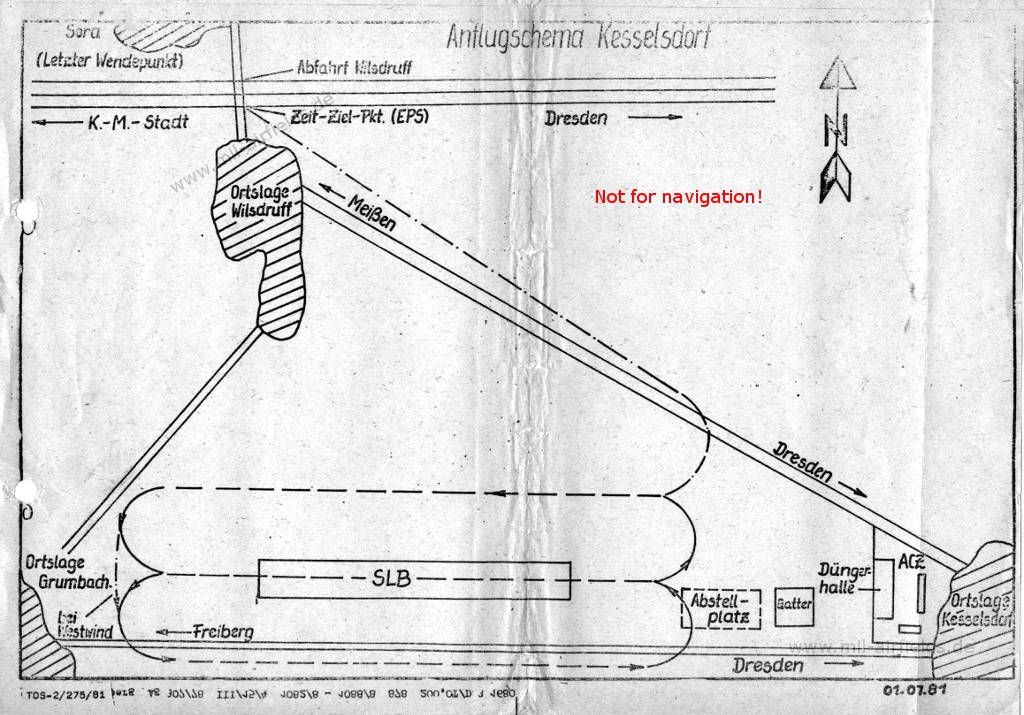 Karte mit Anflug Agrarflugplatz Kesselsdorf, 1981