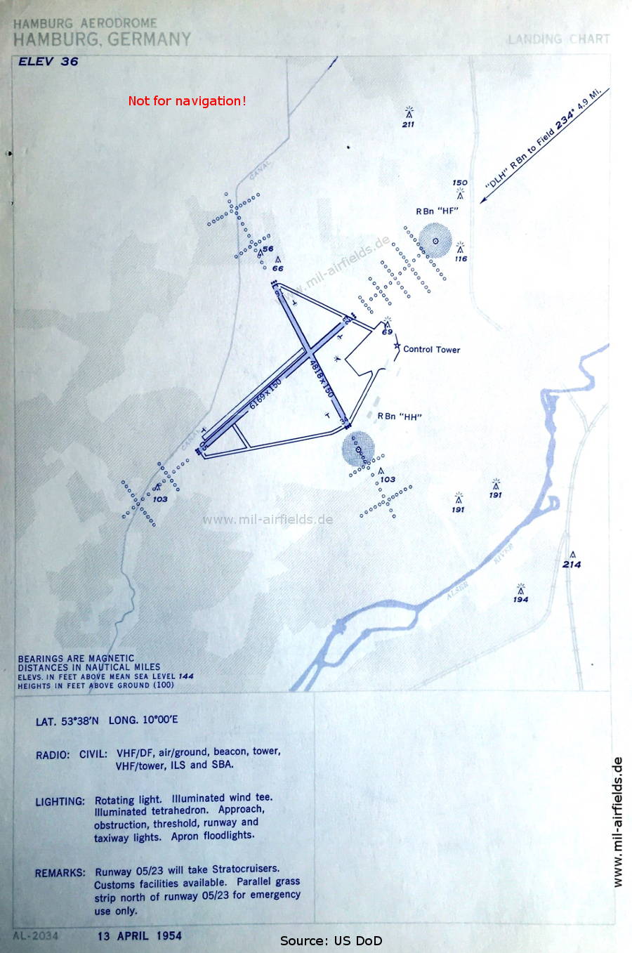 Flugplatz-Karte Flughafen Hamburg Fuhlsbüttel, Deutschland 1954