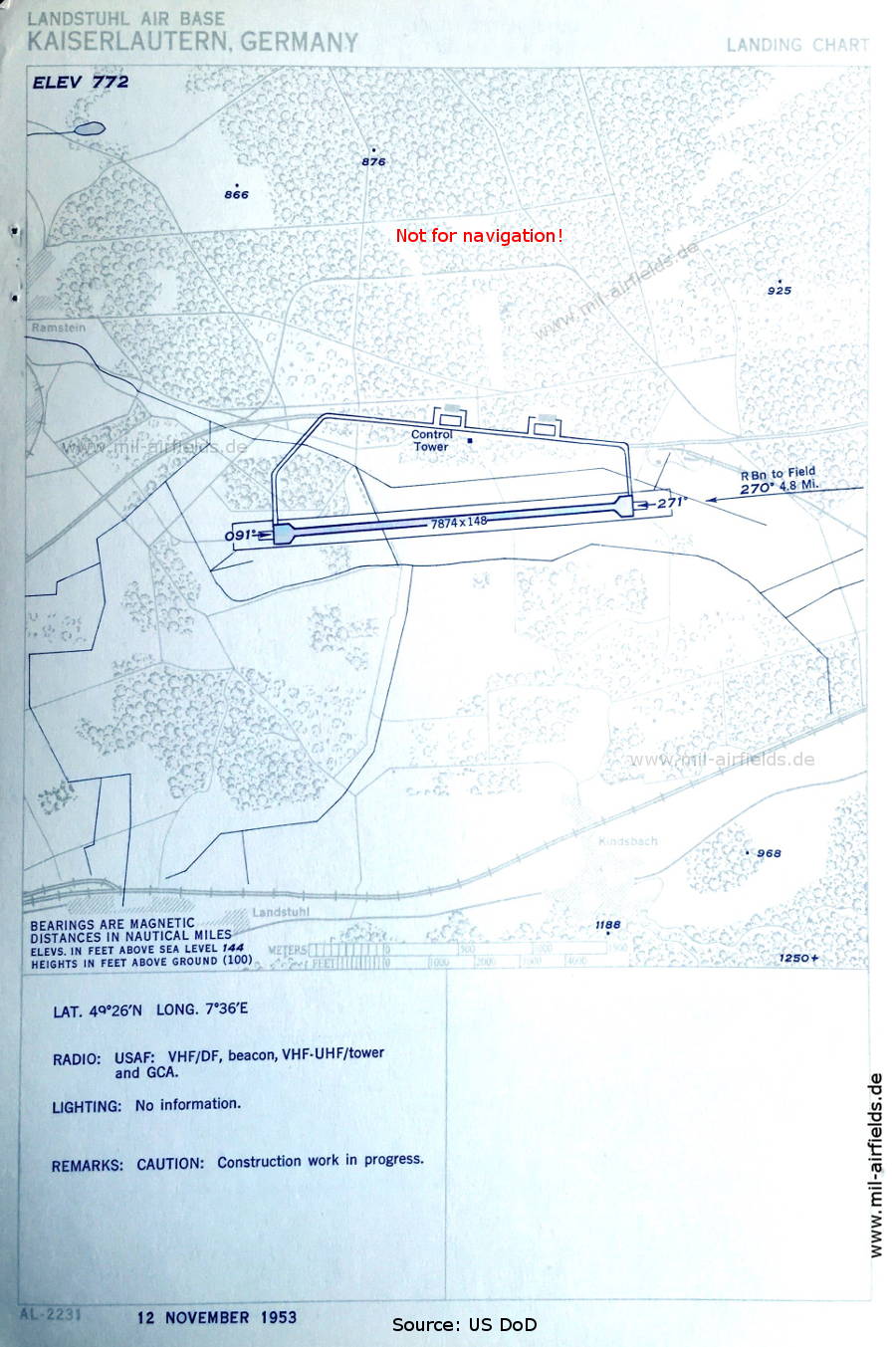 Flugplatzkarte Flugplatz Ramstein / Ramstein Air Base, Deutschland 1953