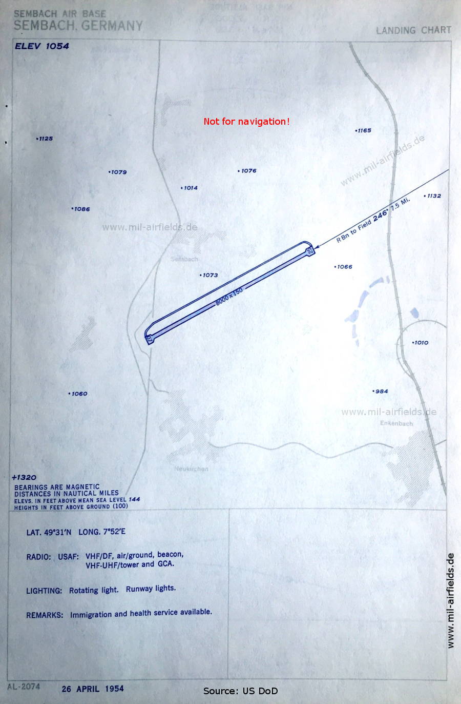 Flugplatzkarte Flugplatz Sembach / Sembach Air Base, Deutschland 1954