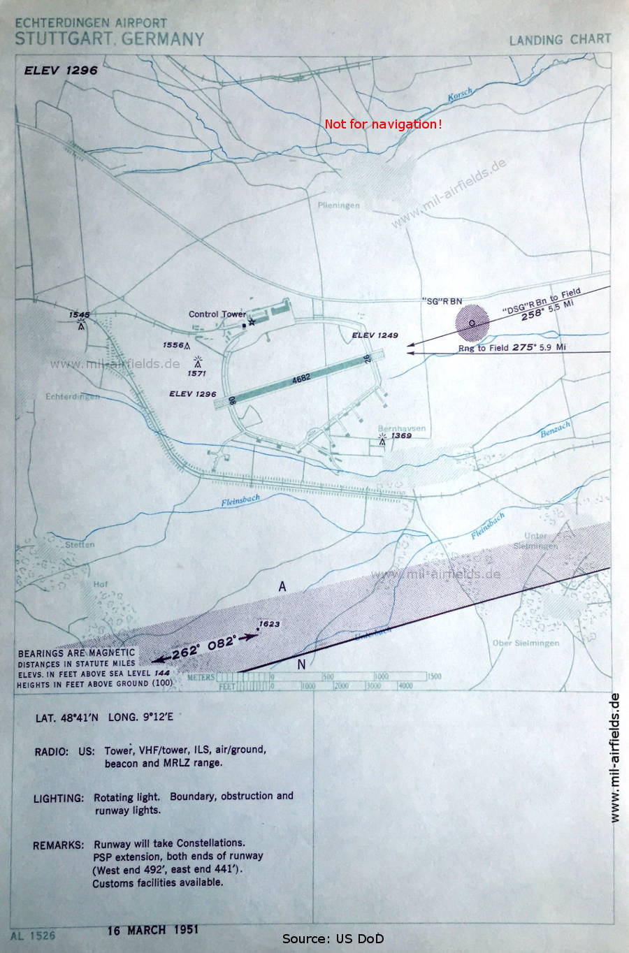 Flugplatzkarte Flughafen Stuttgart-Echterdingen Army Airfield (DDSG, EDDS, EDOC), 1951