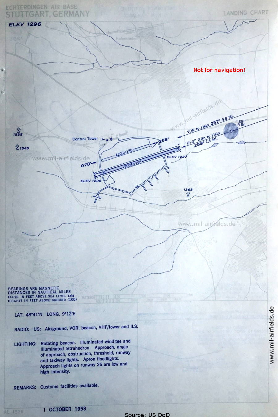 Flugplatzkarte Flughafen Stuttgart-Echterdingen Army Airfield (DDSG, EDDS, EDOC), Deutschland 1953