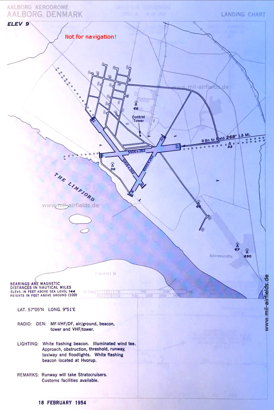 Karte Flughafen Aalborg, Dänemark 1954