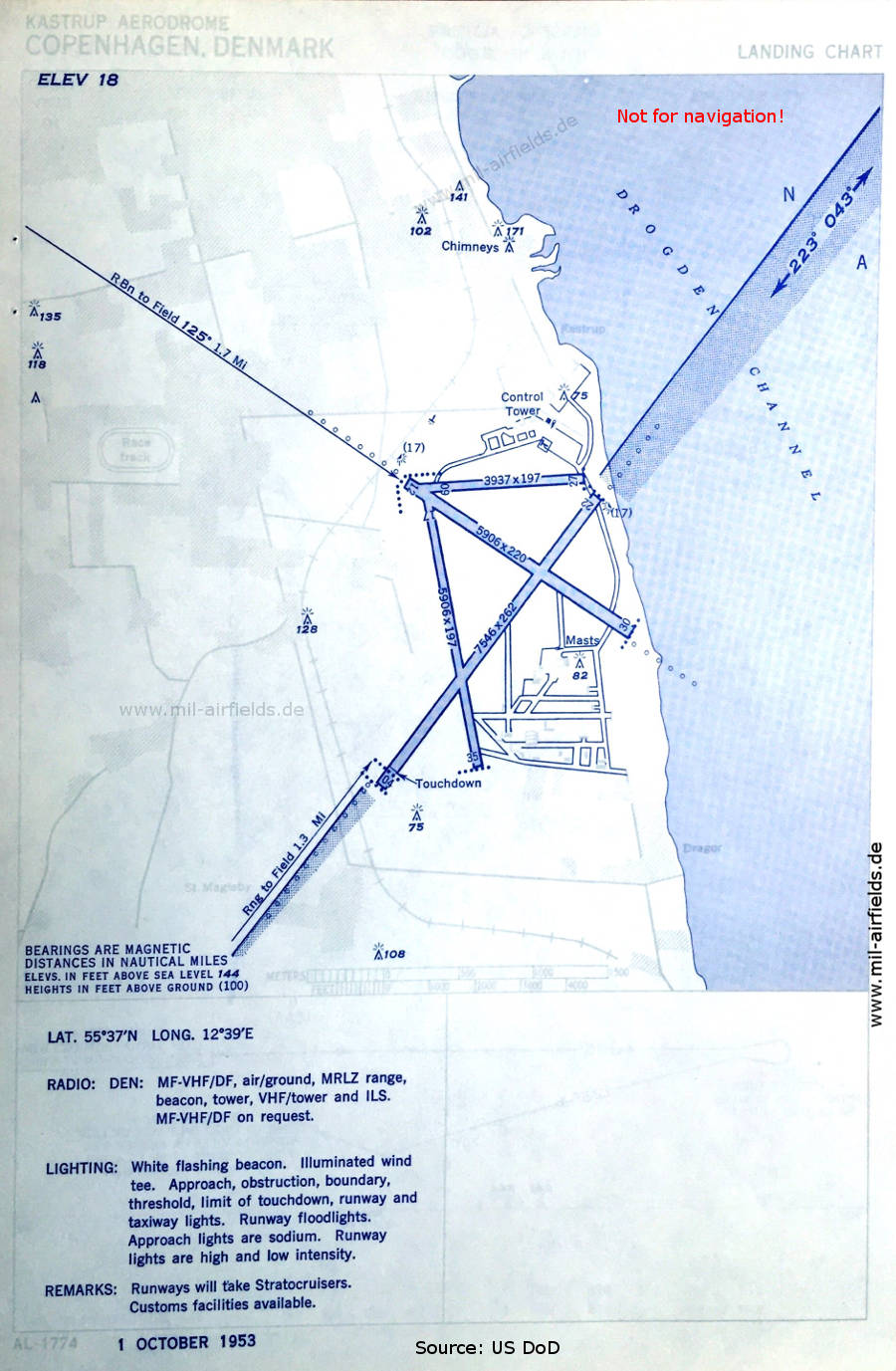 Karte Flugplatzkarte Flughafen Kopenhagen Kastrup, Dänemark 1953