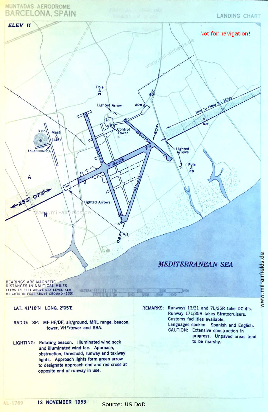 Karte Flugplatz-Karte Flughafen Barcelona El Prat, Spanien 1953