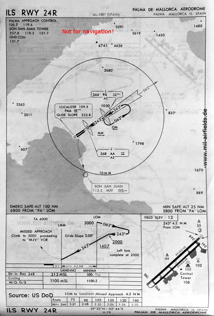 ILS approach chart runway 24R Palma de Mallorca Son Sant Joan Airport, Spain 1966