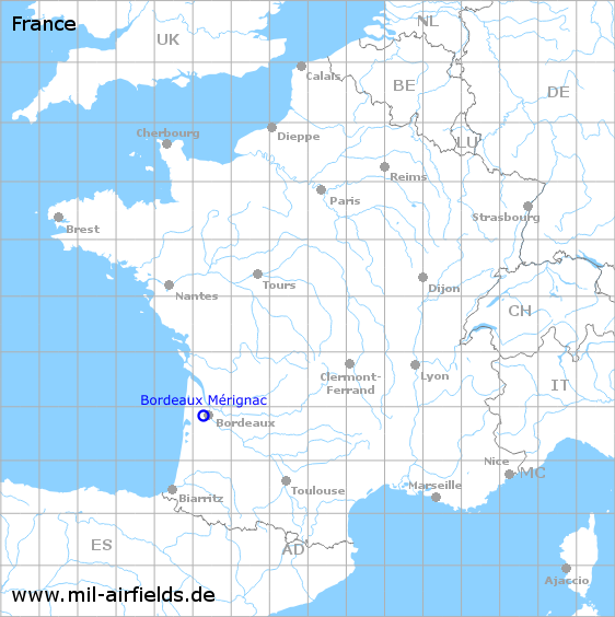 Karte mit Lage Flughafen Bordeaux Mérignac, Frankreich