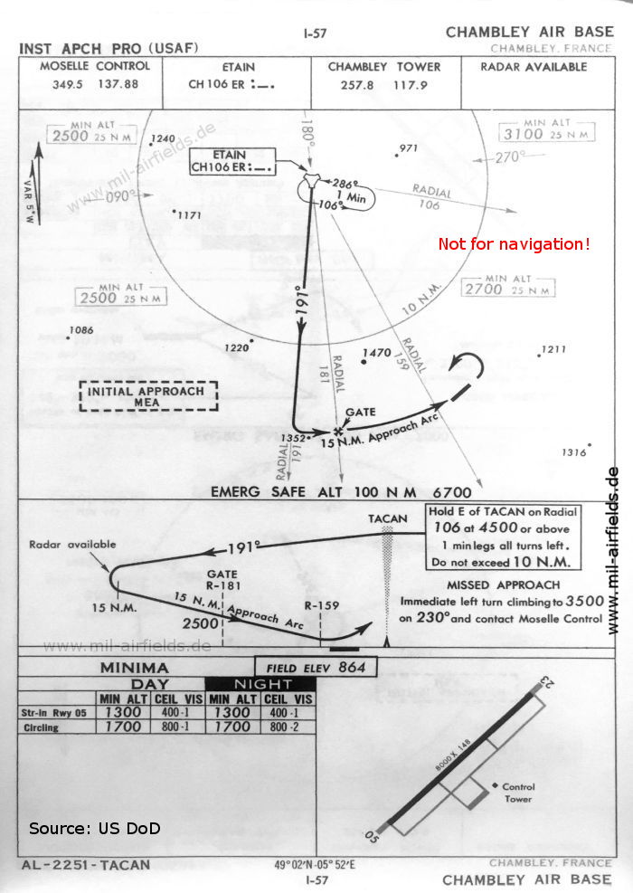 Karte TACAN-Anflug Landebahn 05 Flugplatz Chambley-Bussières, Frankreich 1960