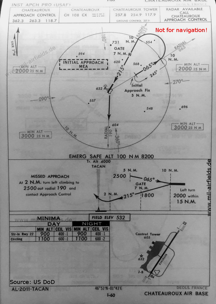 Karte TACAN-Anflug Landebahn 22 Flugplatz Châteauroux Déols, Frankreich 1960