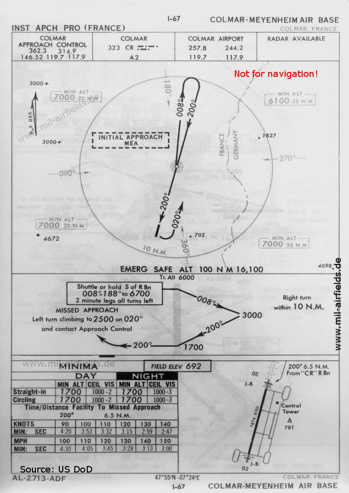 Karte NDB-Anflug Landebahn 20 Flugplatz Colmar Meyenheim, Frankreich 1960