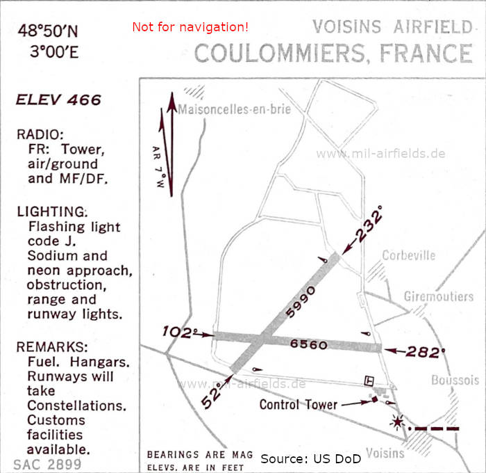 Karte Flugplatz Coulommiers Voisins, Frankreich 1950
