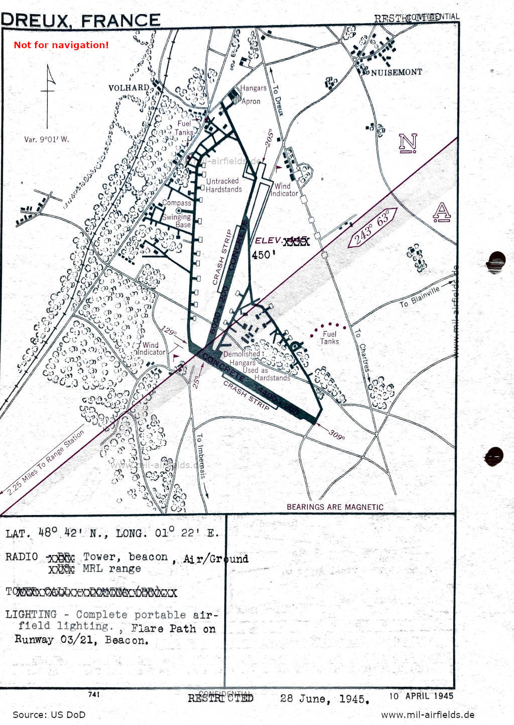 Aerodrome chart Dreux Vernouillet, France 1945