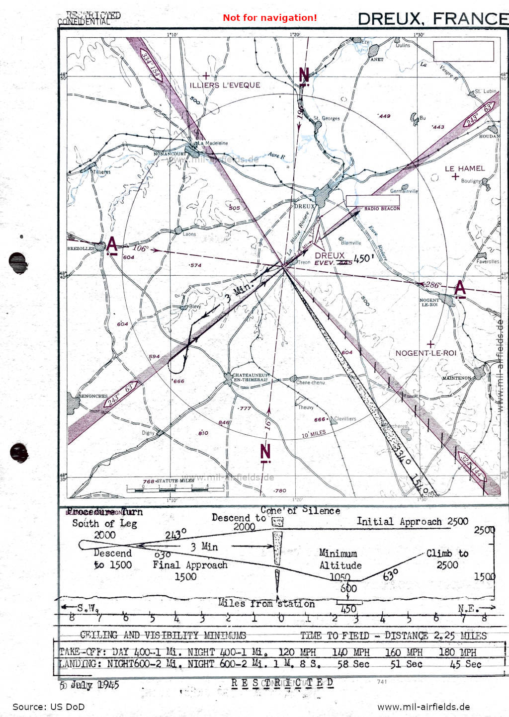 Karte Range-Anflug Dreux Vernouillet, Frankreich 1945
