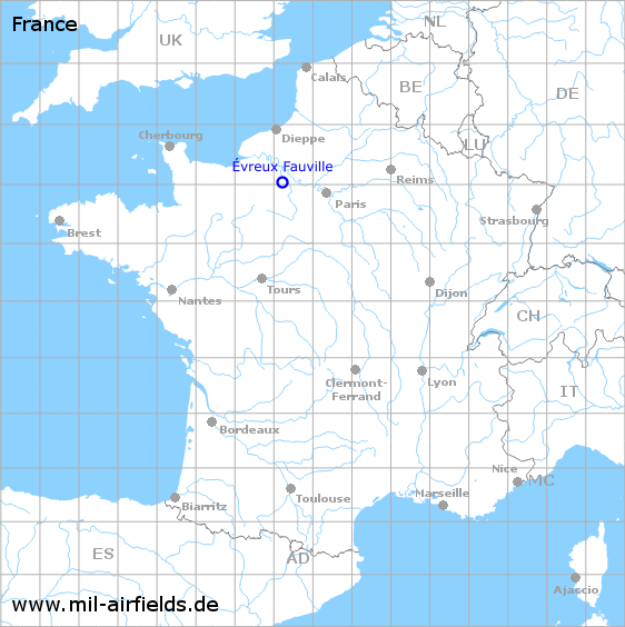 Karte mit Lage Flugplatz Évreux Fauville, Frankreich