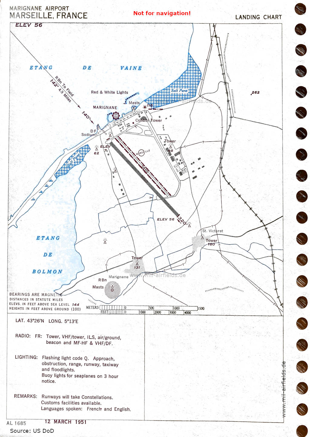 Karte Flughafen Marseille Marignane, Frankreich 1951