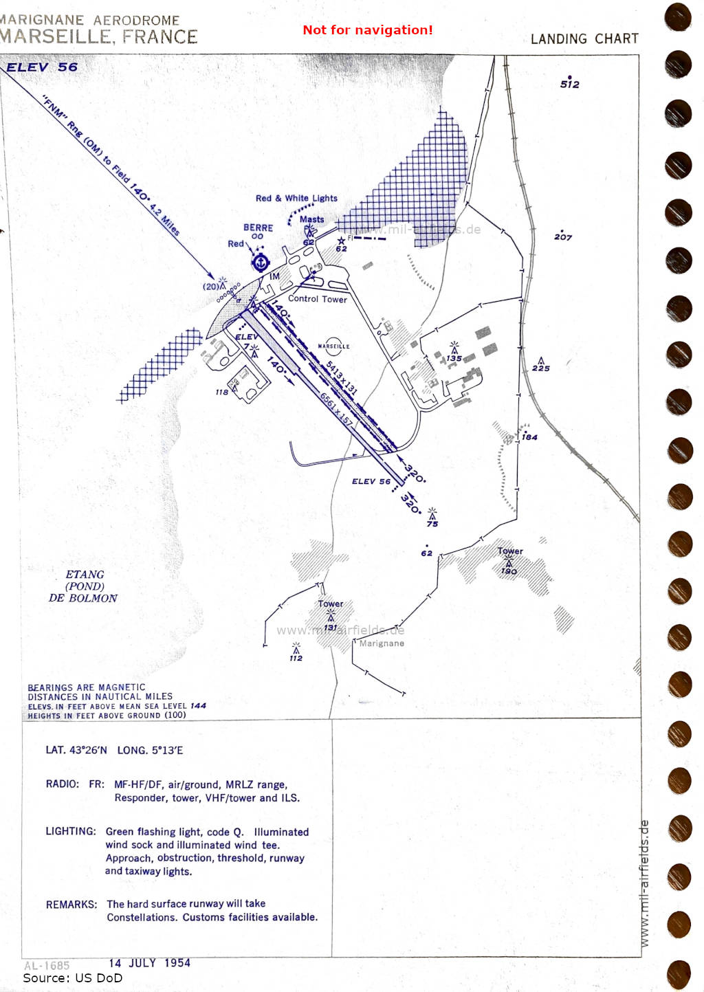 Flugplatz-Karte Marseille Marignane, Frankreich 1954