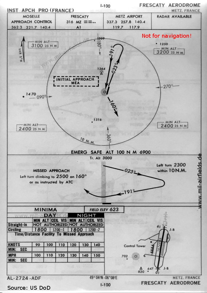 Karte NDB-Anflug Landebahn 19 Flugplatz Metz Frescaty, Frankreich 1960