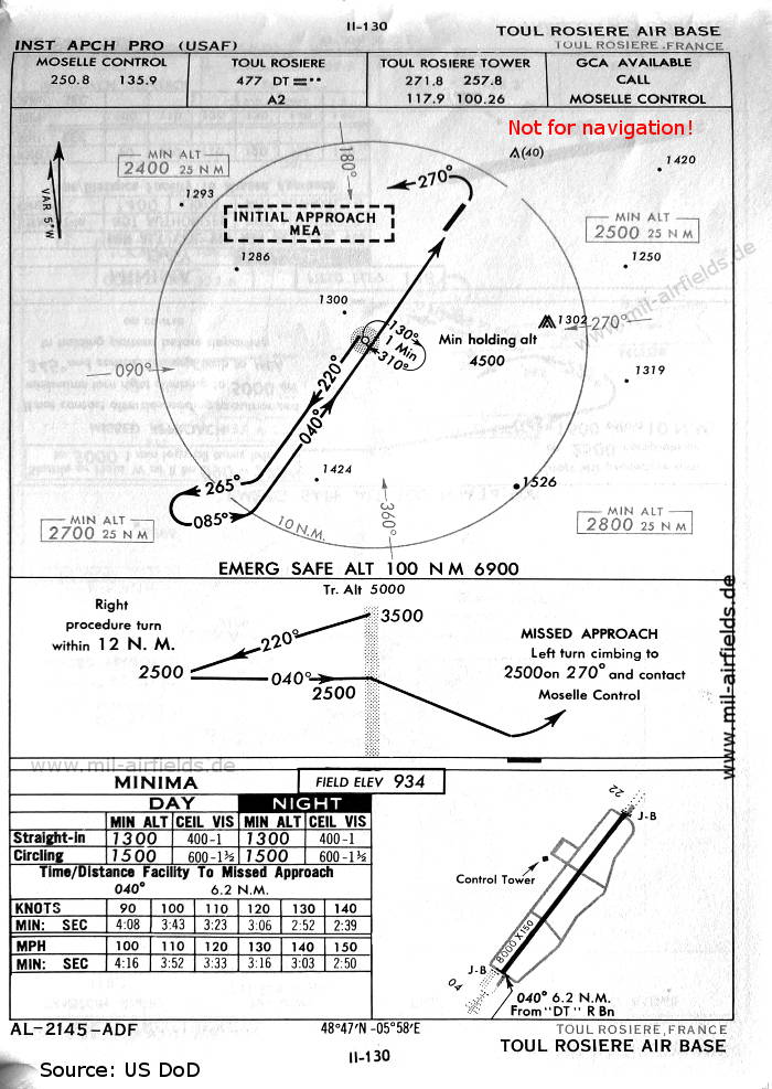 NDB approach chart runway 04 Toul Rosières Air Base, France 1960