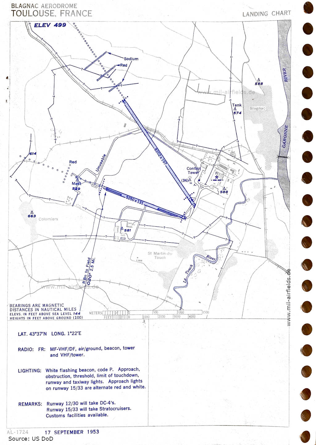 Karte Flughafen Toulouse Blagnac, Frankreich 1953