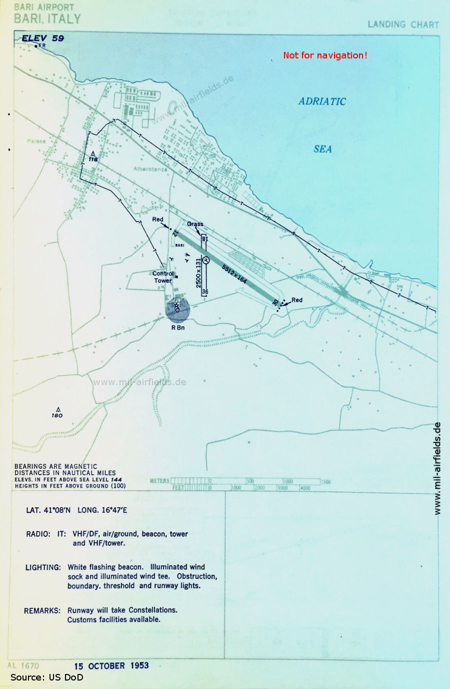 Karte Flughafen-Karte Flughafen Bari Palese, Italien 1953