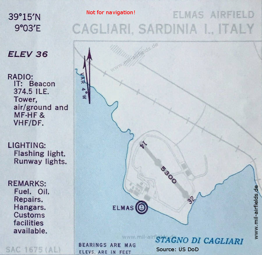 Map of Cagliari Elmas Airfield, Italy 1950