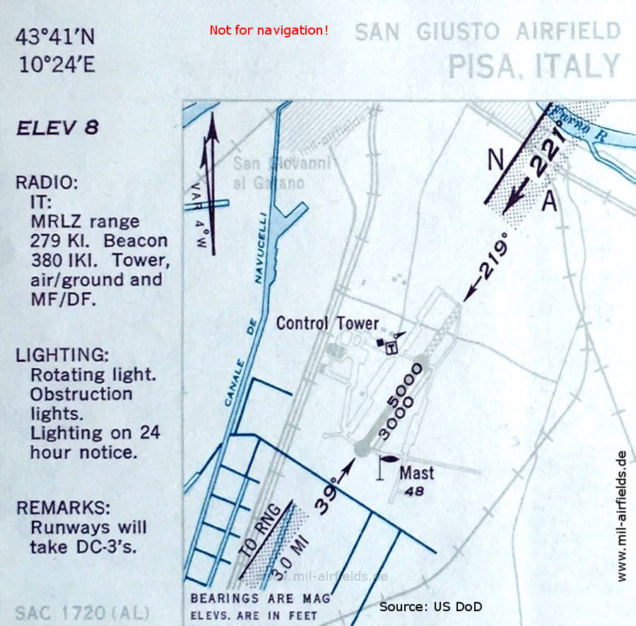 Map of Pisa San Giusto Airport, Italy 1950
