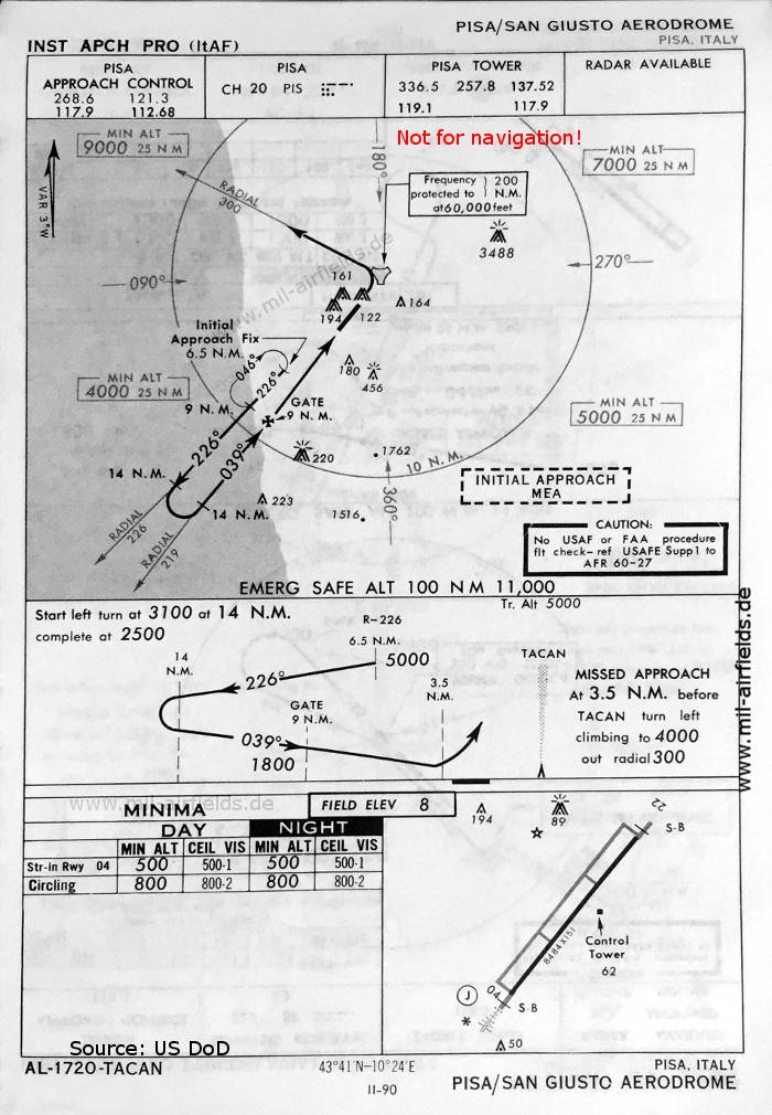 TACAN approach chart runway 04 Pisa San Giusto Airport 1966