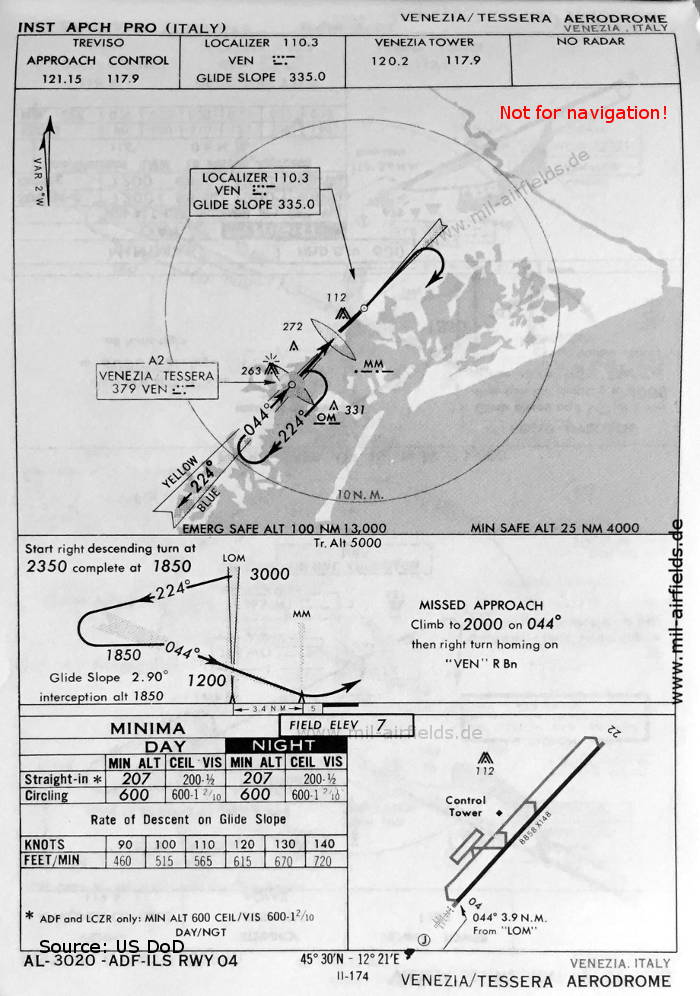 ILS approach chart runway 04 Venice Tessera Airport, Italy 1966