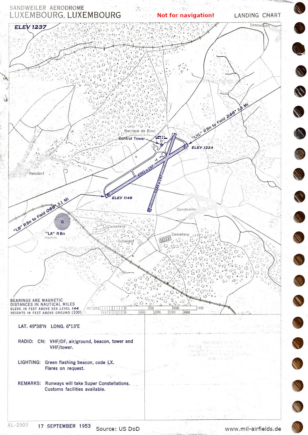 Karte Flugplatzkarte Flughafen Luxemburg Findel, Luxemburg 1953