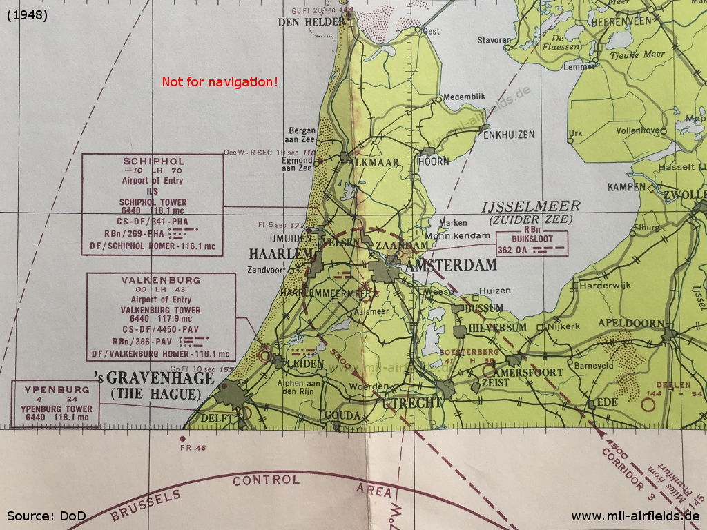 Flugplätze Amsterdam Schiphol, Valkenburg und Ypenburg auf einer Karte 1948