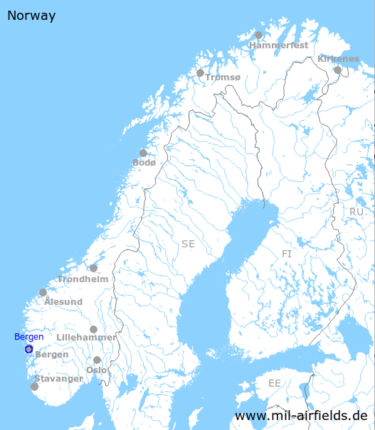 Karte mit Lage Flugplatz Bergen Flesland, Norwegen