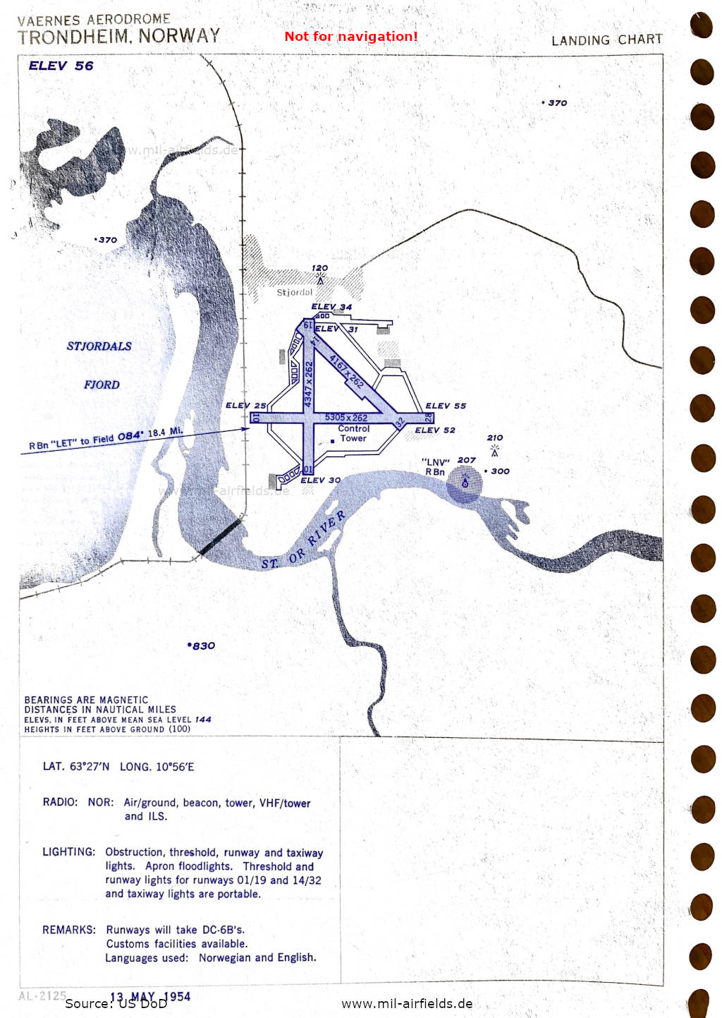 Karte Flughafen-Karte Flughafen Trondheim Værnes, Norwegen 1954