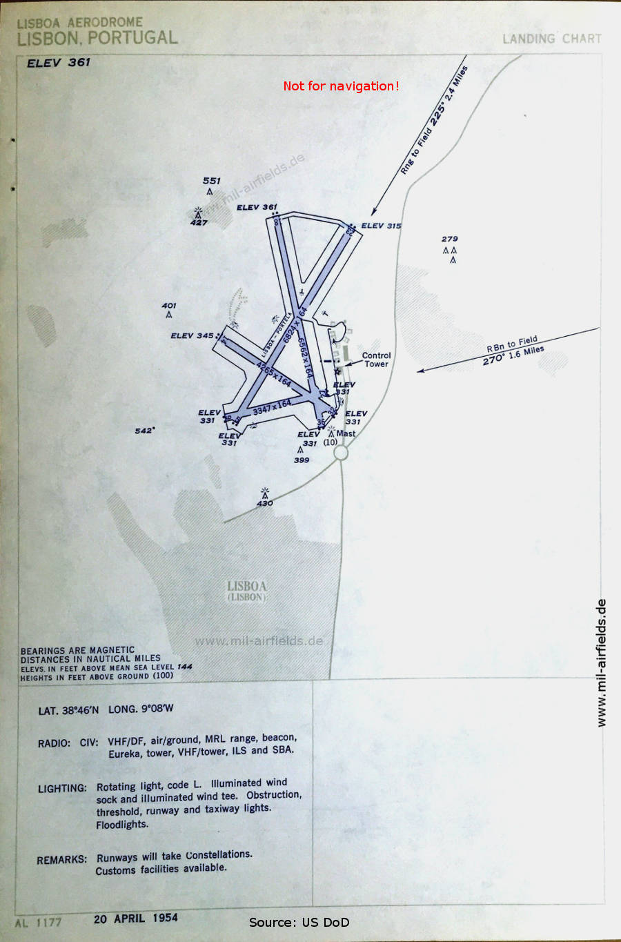 Karte Flughafen Flughafen Lissabon Portela, Portugal 1954