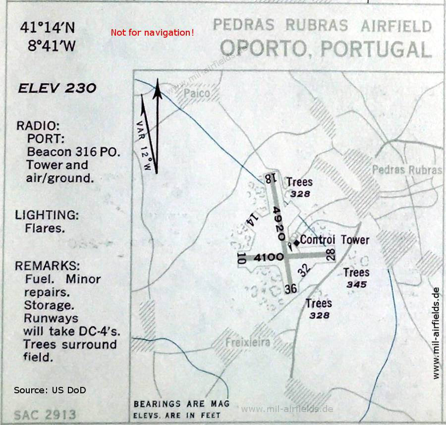 Karte Flughafen Porto Pedras Rubras, Portugal 1951