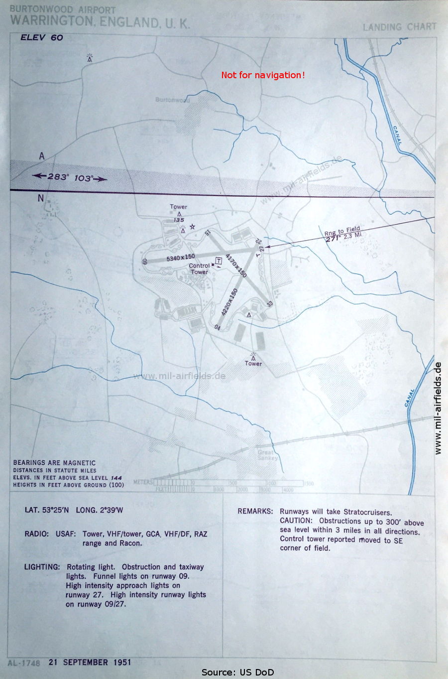 Karte Flugplatz-Karte RAF Burtonwood,  Großbritannien 1951