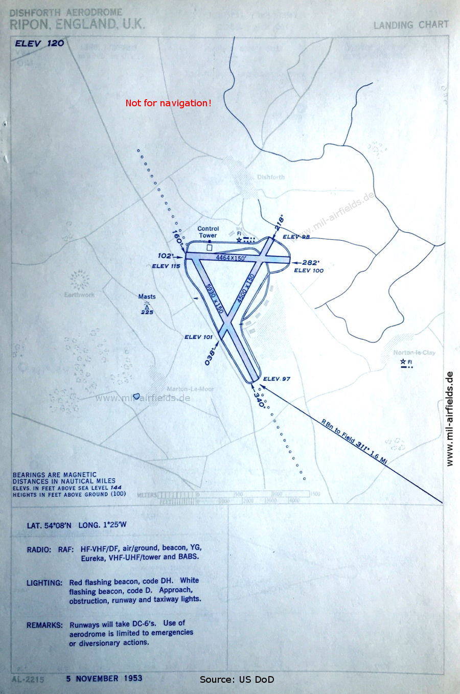 Karte Flugplatz RAF Dishforth, Großbritannien 1953