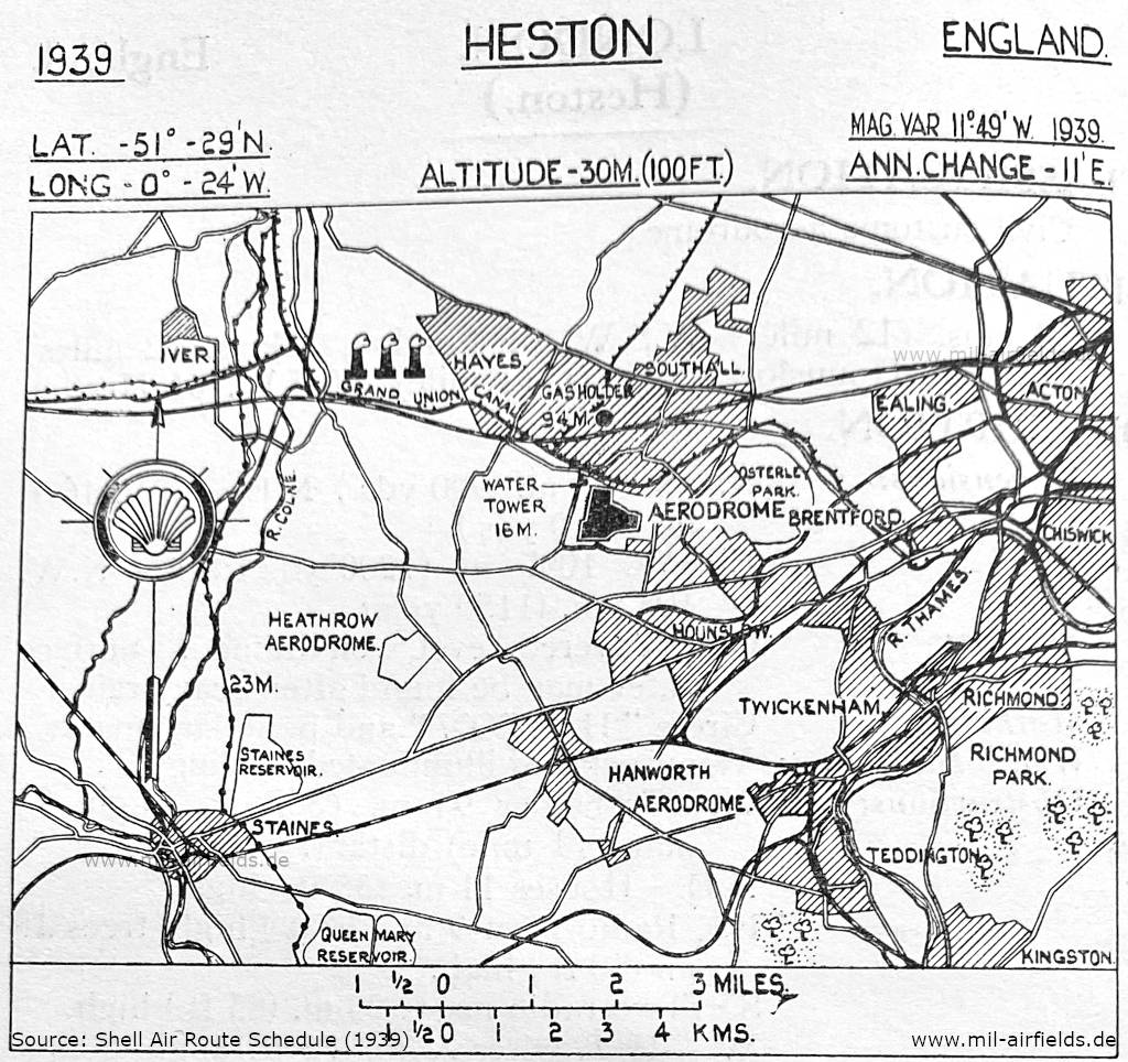Lage Flugplatz Heston auf einer Karte 1939