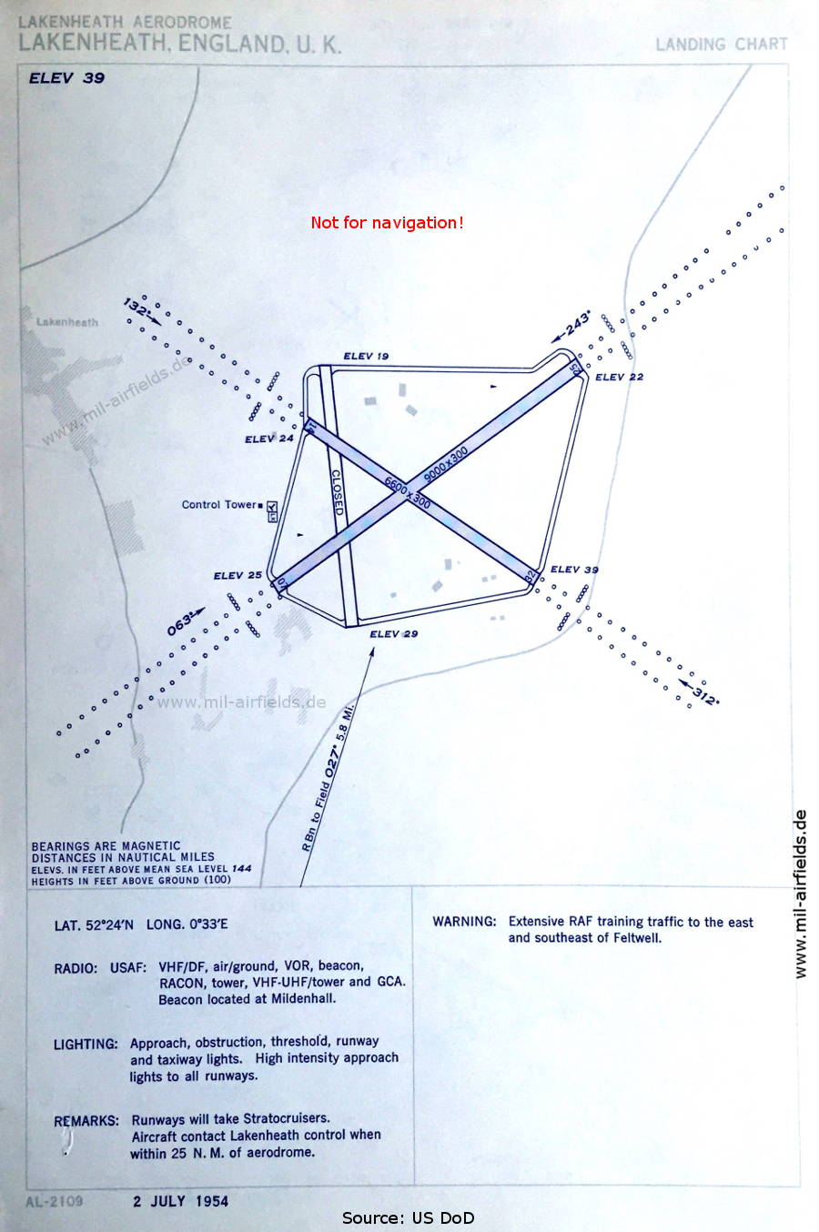 Flugplatz-Karte RAF Lakenheath EGUL, Großbritannien 1954