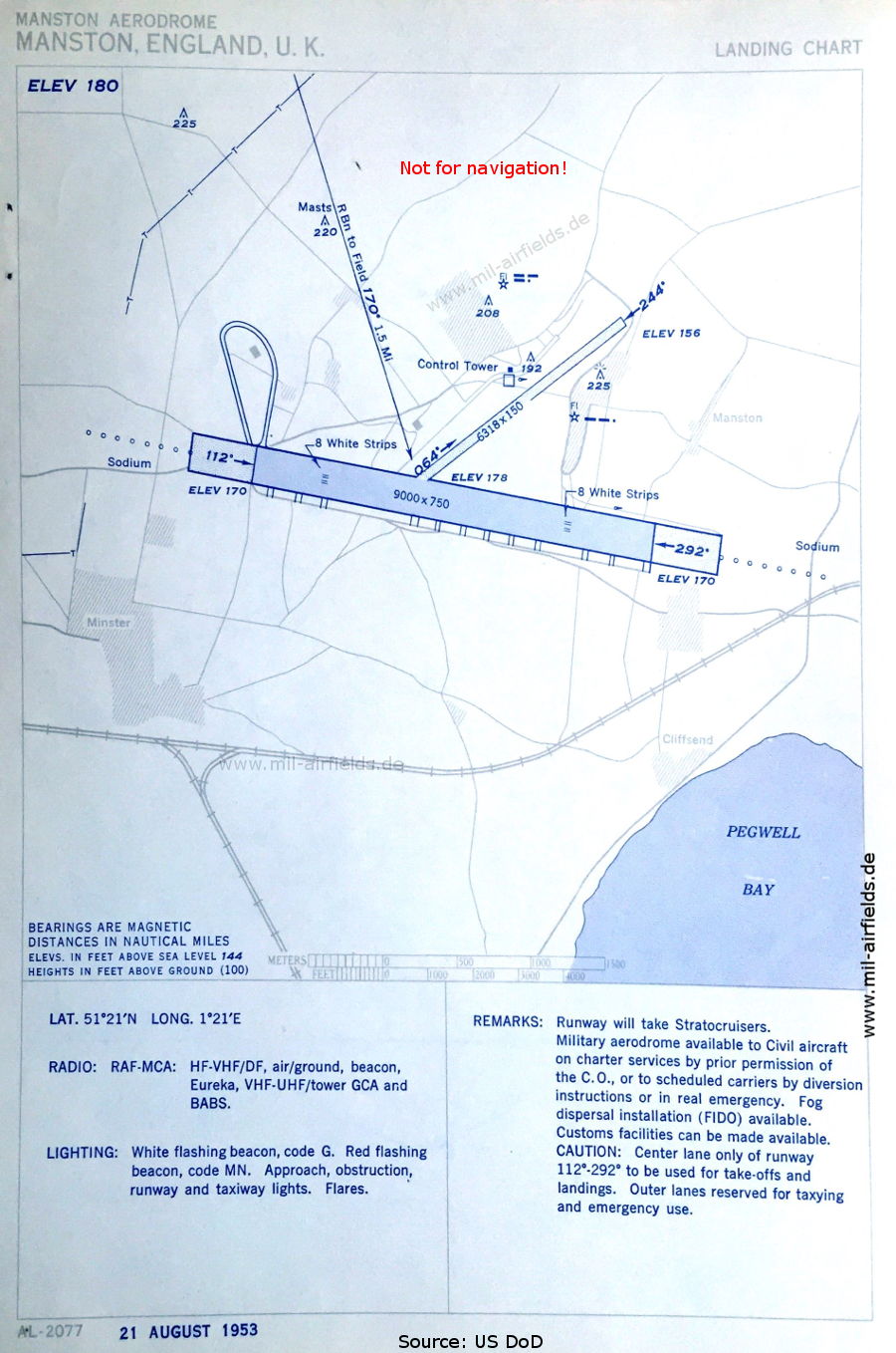 Karte Flugplatzkarte RAF Manston,  Großbritannien 1953