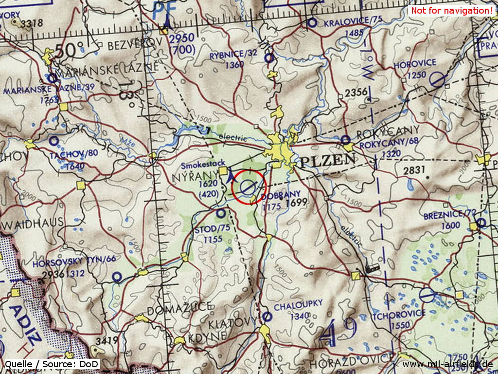 Flugplatz Dobřany Líně, Tschechien, auf einer Karte 1972