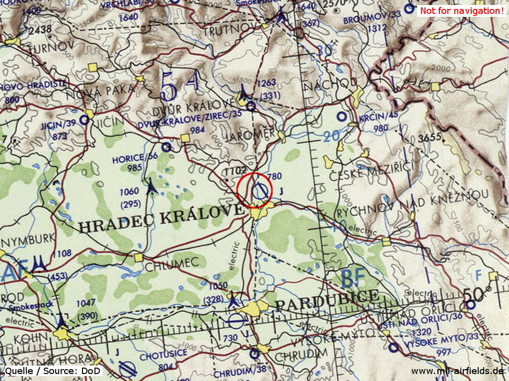 Hradec Králové Airfield on a map 1973