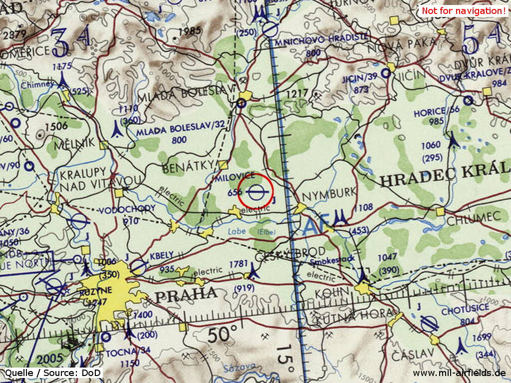 Flugplatz Milovice auf einer Karte 1973
